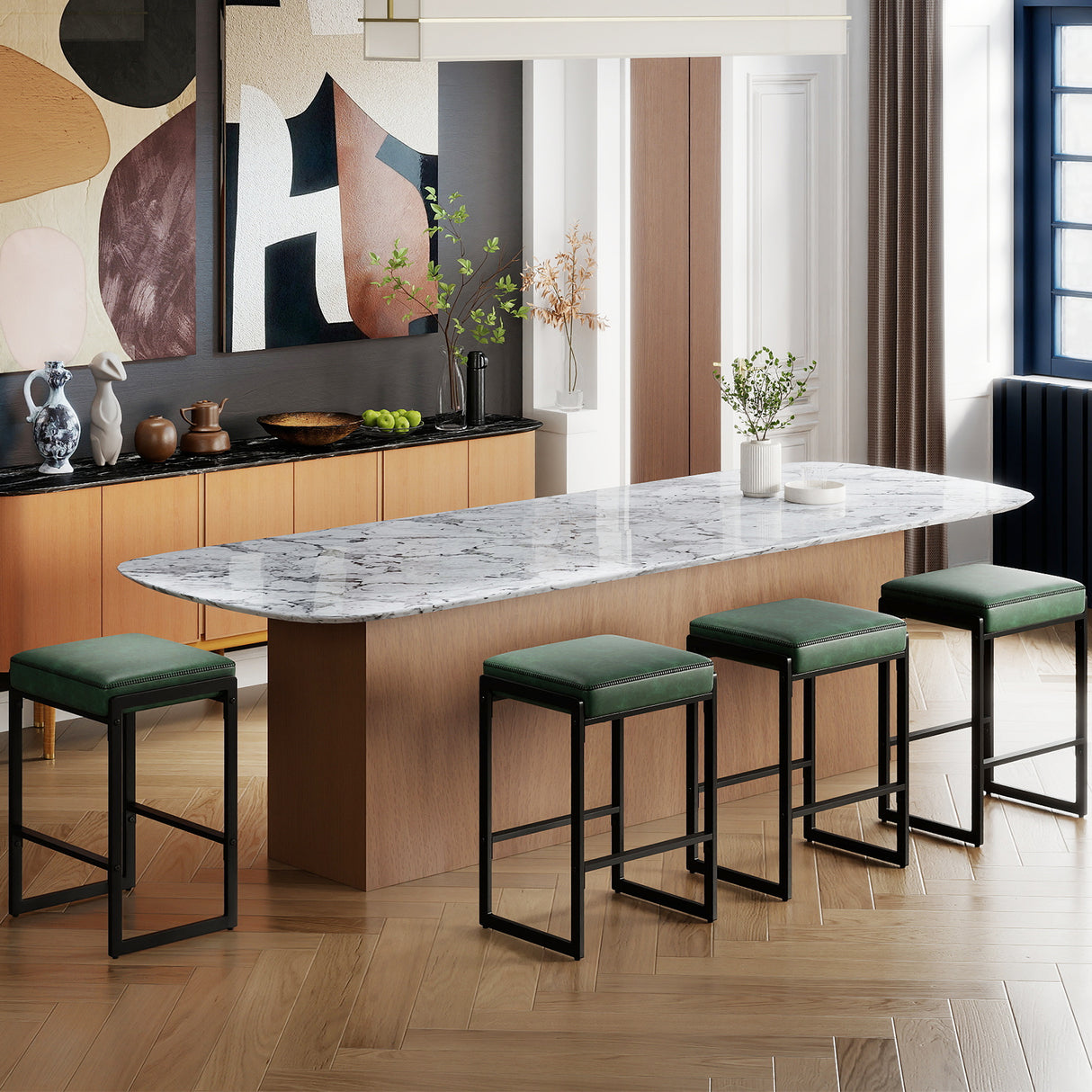 26 inch Bar Stools Set of 4 Counter Height Barstools with Faux Leather Upholstered Seat-Green