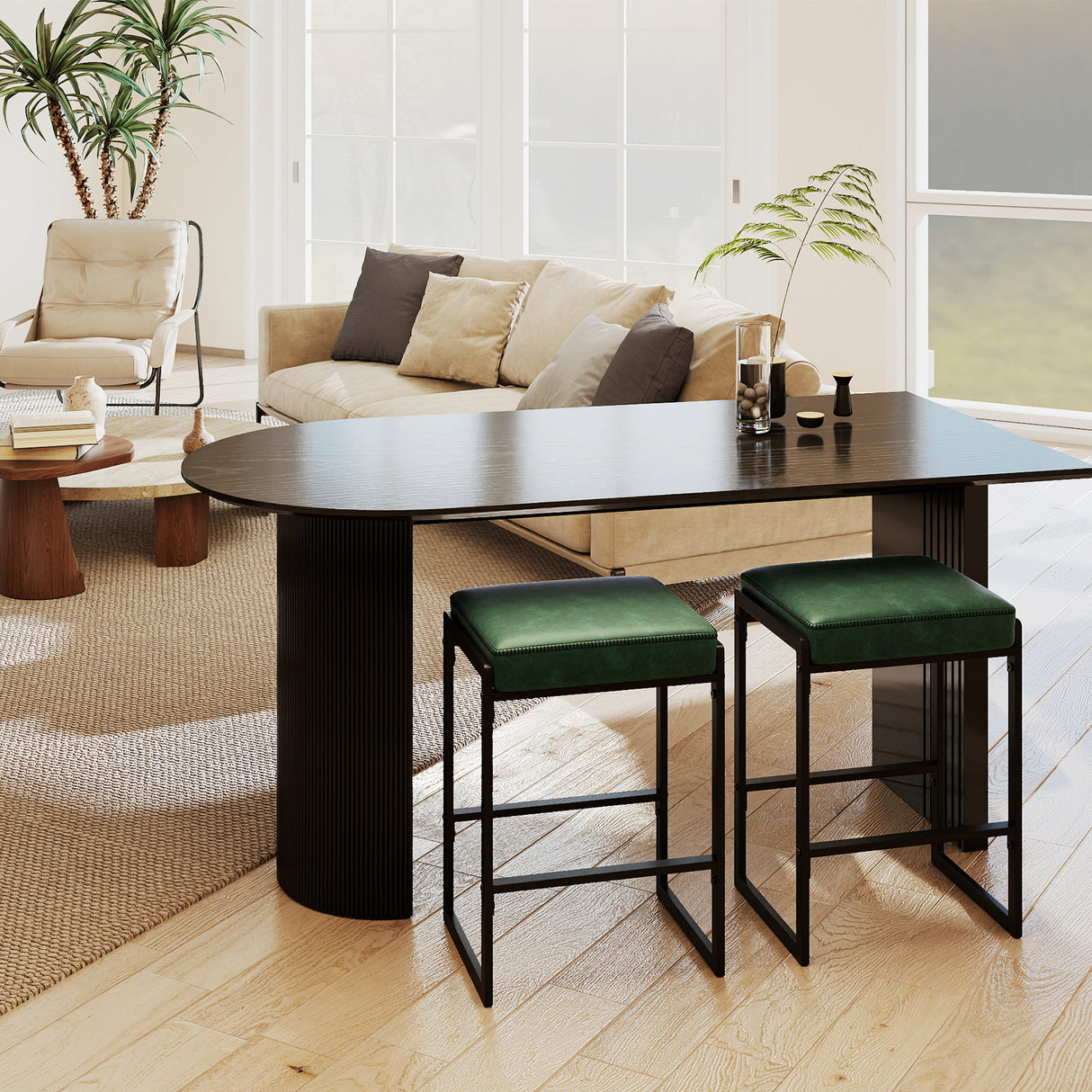26 inch Bar Stools Set of 4 Counter Height Barstools with Faux Leather Upholstered Seat-Green