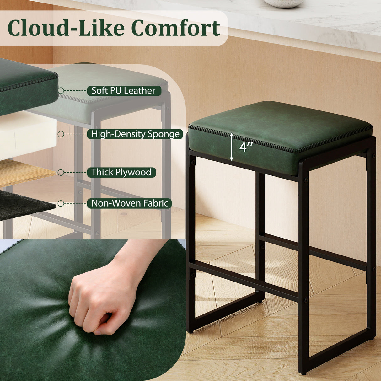 26 inch Bar Stools Set of 4 Counter Height Barstools with Faux Leather Upholstered Seat-Green