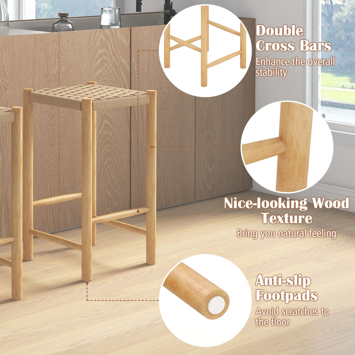 26 Inch Dining Bar Stool Set of 2-Natural