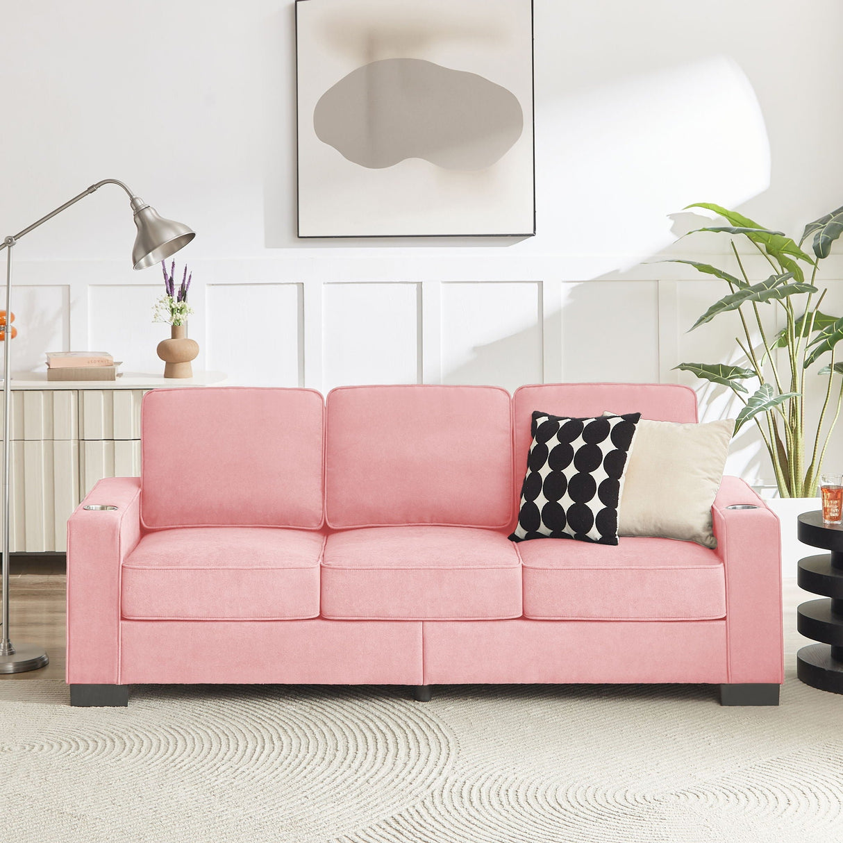 Modern Snowfleece Fabric 3 Seater Sofa With Cup Holder