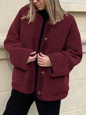 Modern Cozy Women Luxuriously Cozy Contrast Button Up Sherpa Jacket with Pockets For Fall & Winter