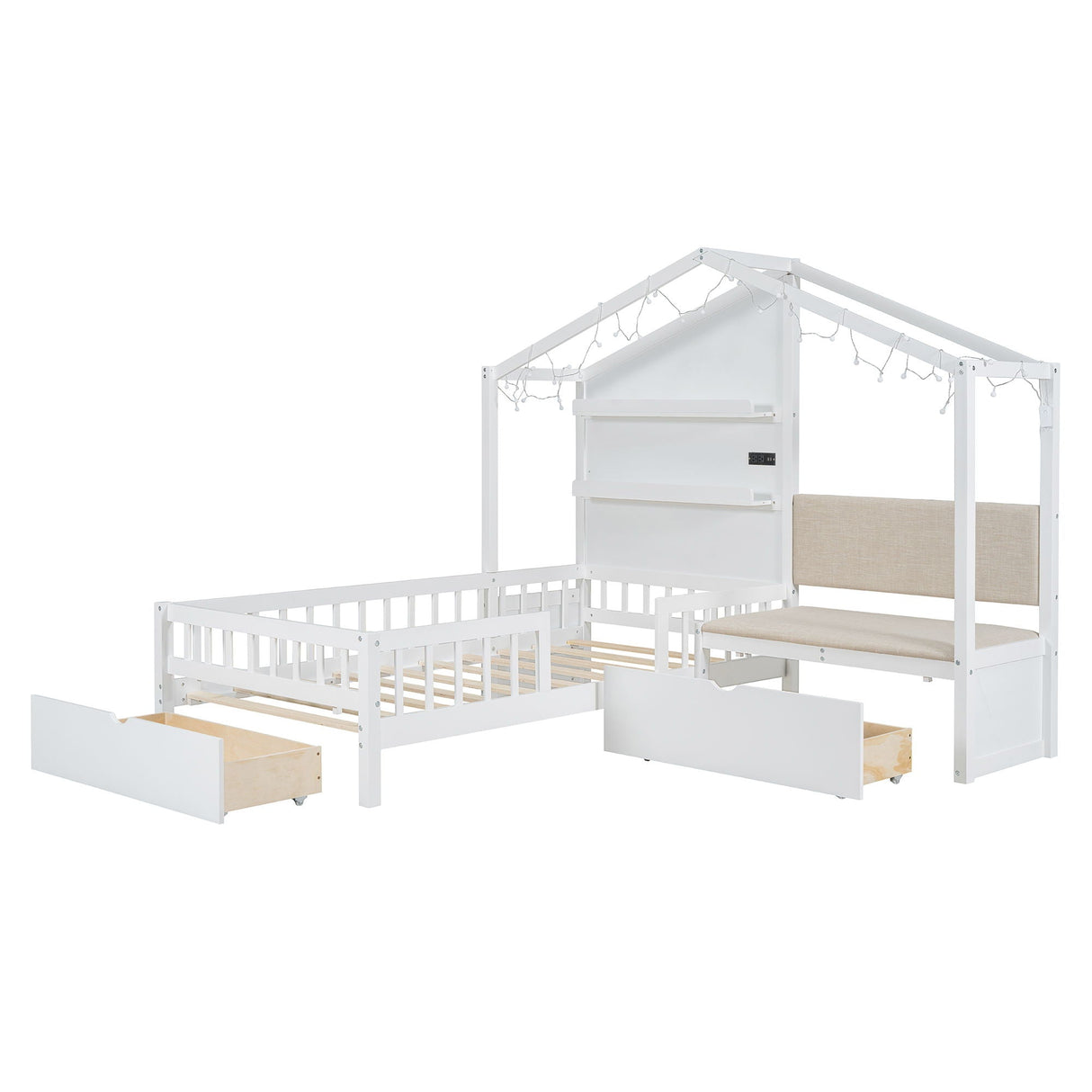 House Bed With Upholstered Sofa, Wireless Charging Station, Shelves And 2 Drawers by Couch.com