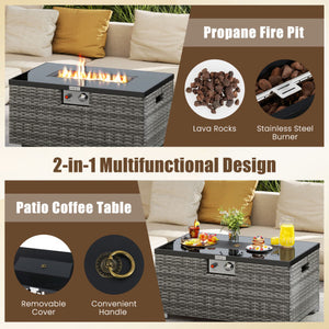 2-Piece Outdoor Rattan Fire Table Set 32 Inch Rectangle Gas Firepit with Tank Cover-Gray