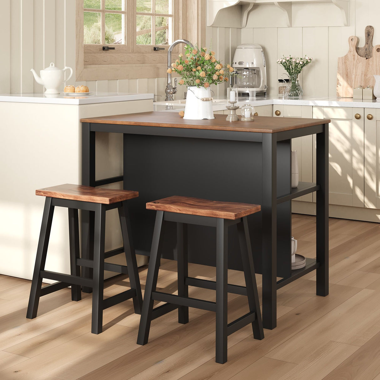 Rustic 3 Piece Stationary Kitchen Island Set With 2 Seatings, With 2 Open Shelves by Couch.com