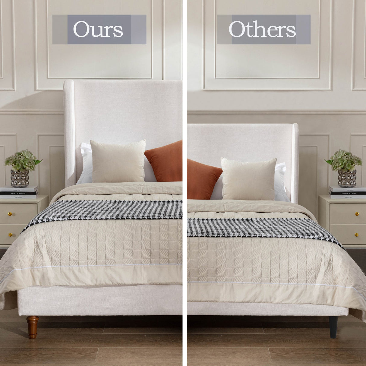 Hayden King Size Upholstered Wingback Bed with Textured Ivory Canvas and Tall 54' Headboard