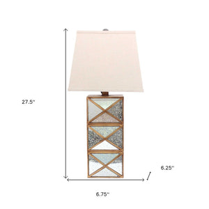 28" Distressed Gold And Silver Metal Bedside Lamp With Beige Shade