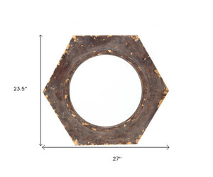24" Bronze Hexagon Distressed Wood Framed Accent Mirror