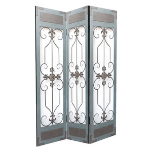72" Blue Metal Folding Three Panel Screen Room Divider