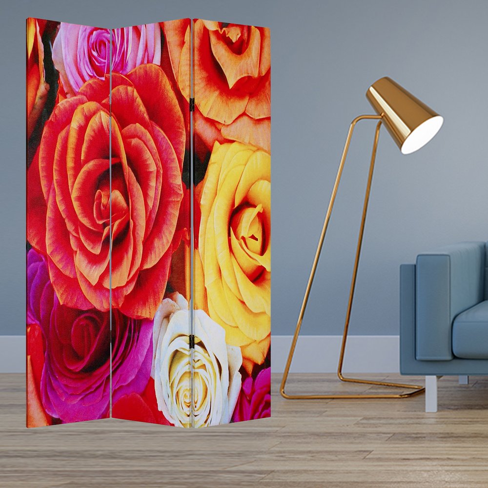 72" Red Canvas Folding Three Panel Screen Room Divider