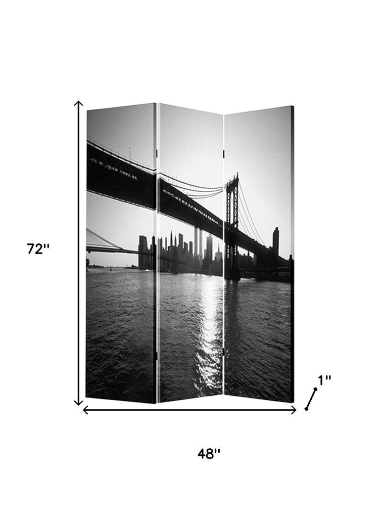 72" Gray Canvas Folding Three Panel Screen Room Divider