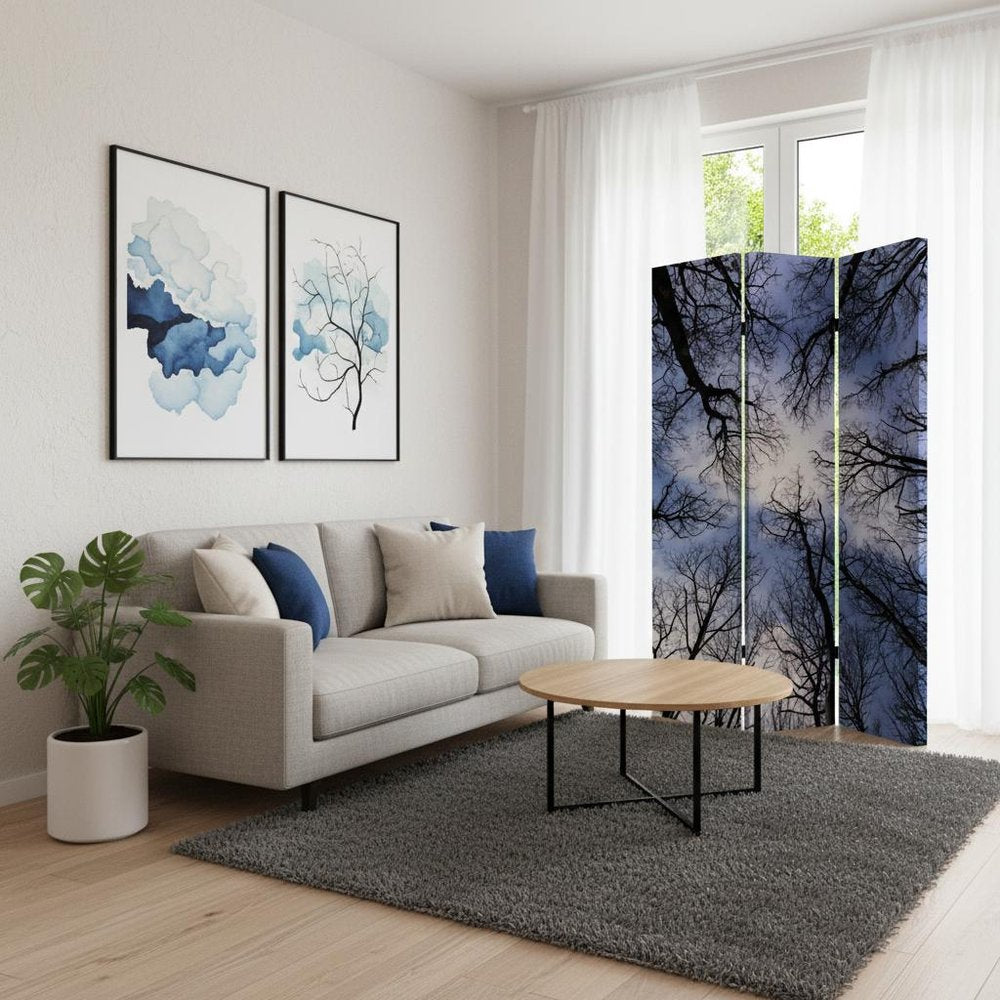 72" Black And Blue Canvas Folding Three Panel Screen Room Divider