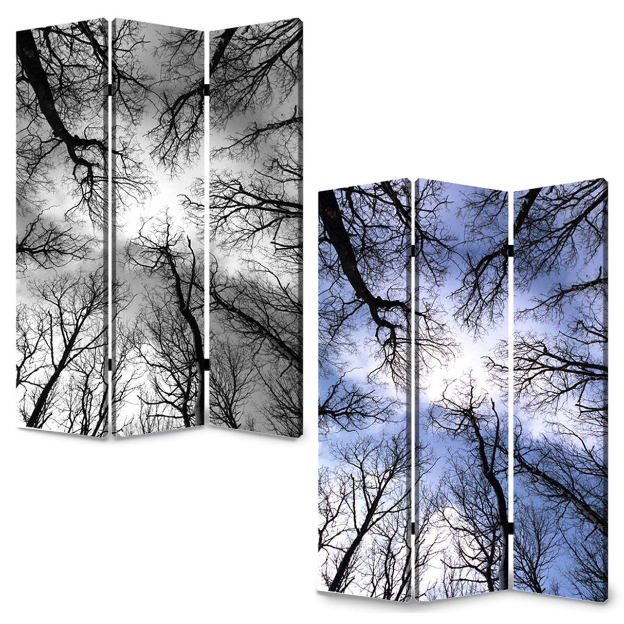 72" Black And Blue Canvas Folding Three Panel Screen Room Divider