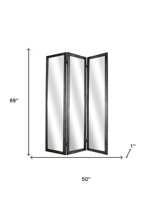 69" Black Wood and Mirrored Glass Folding Three Panel Screen Room Divider