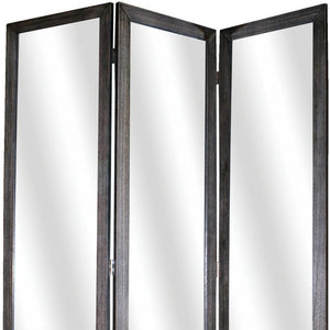 69" Black Wood and Mirrored Glass Folding Three Panel Screen Room Divider