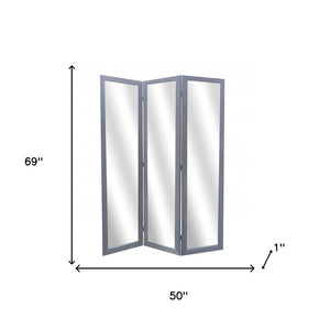 69" Black Wood and Mirrored Glass Folding Three Panel Screen Room Divider