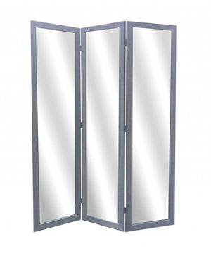 69" Black Wood and Mirrored Glass Folding Three Panel Screen Room Divider