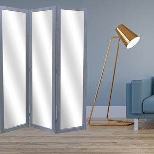 69" Black Wood and Mirrored Glass Folding Three Panel Screen Room Divider