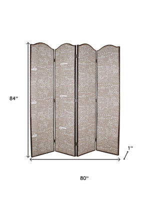 84" Tan Fabric Folding Four Panel Screen Room Divider