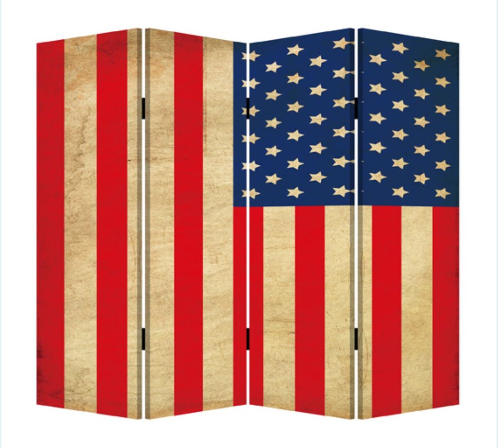 84" Red Natural And Blue American Flag Reversible Canvas Folding Four Panel Room Divider
