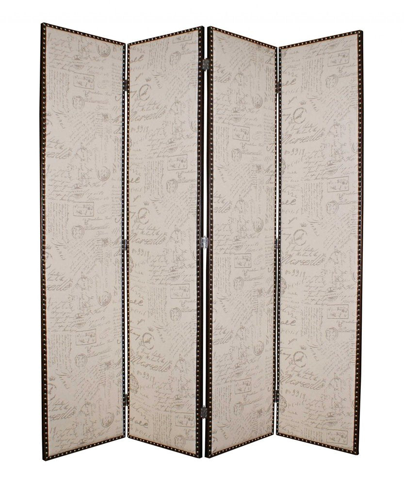 84" Tan Fabric Folding Four Panel Screen Room Divider