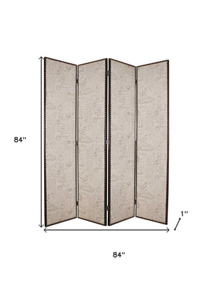 84" Tan Fabric Folding Four Panel Screen Room Divider