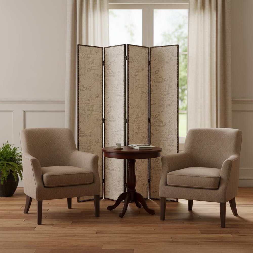 84" Tan Fabric Folding Four Panel Screen Room Divider