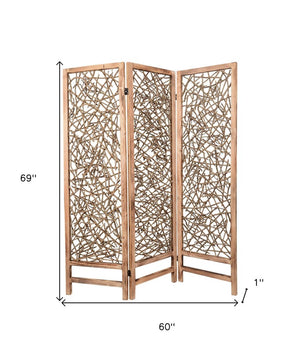 69" Brown Wood Folding Three Panel Screen Room Divider
