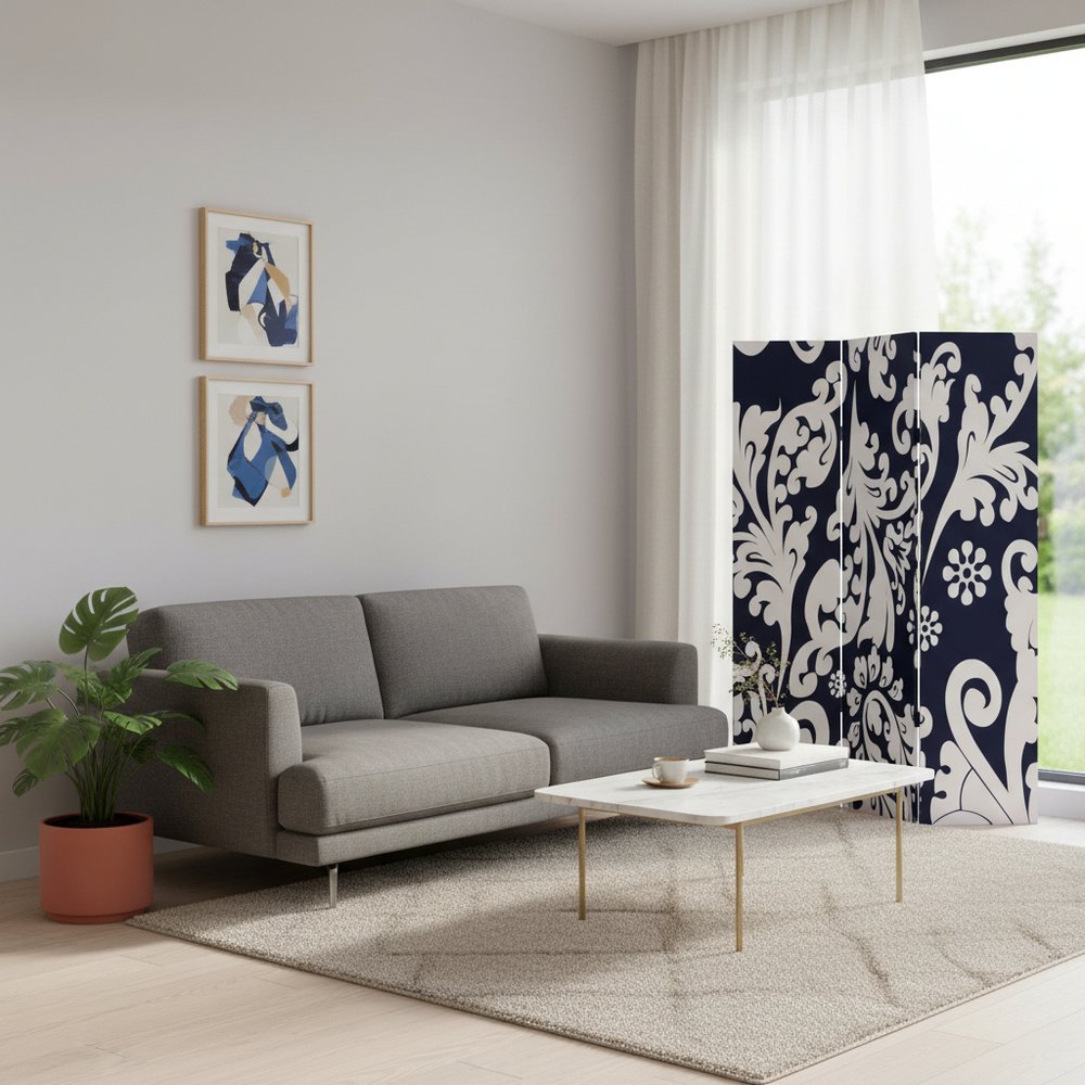 72" Black And White Canvas Folding Three Panel Screen Room Divider