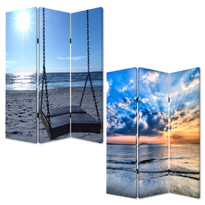 72" Blue Canvas Folding Three Panel Screen Room Divider