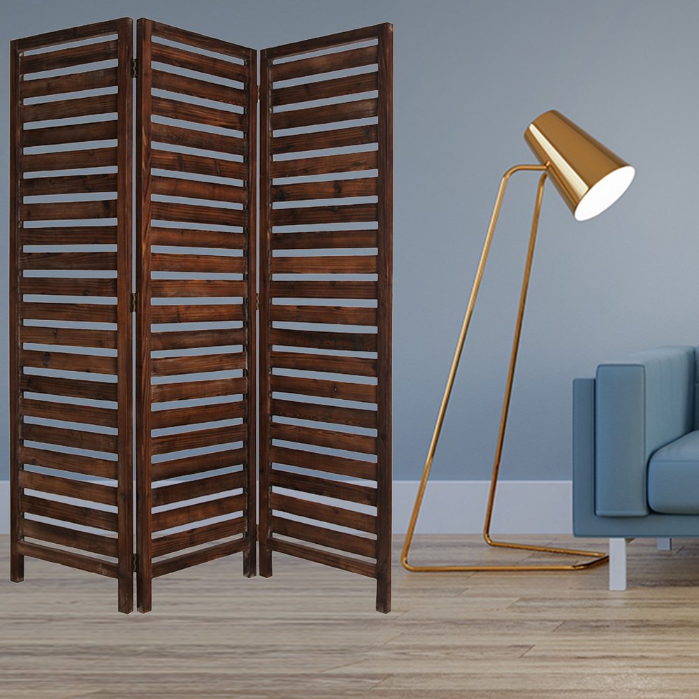 72" Brown Wood Folding Three Panel Screen Room Divider