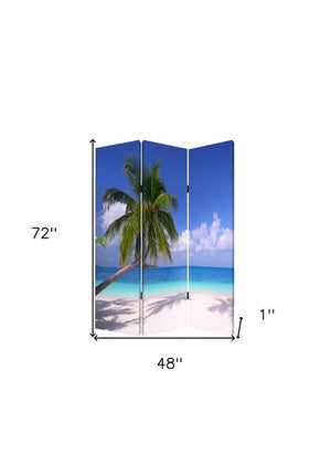 72" Blue And Green Canvas Folding Three Panel Screen Room Divider