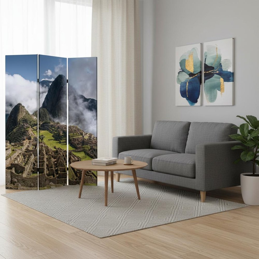 72" Blue And Green Canvas Folding Three Panel Screen Room Divider