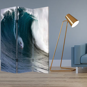 72" Blue And White Canvas Folding Three Panel Screen Room Divider