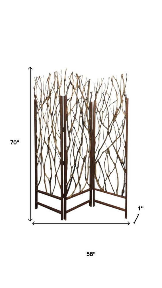 70" Brown Wood Branches Folding Three Panel Screen Room Divider