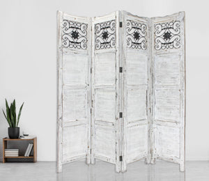 84" Blue Wood Folding Four Panel Screen Room Divider