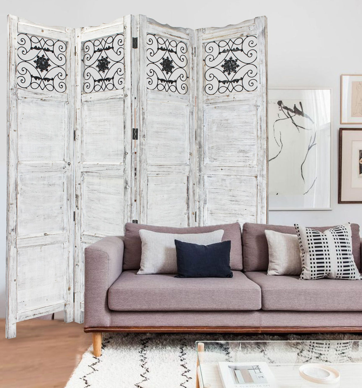 84" Blue Wood Folding Four Panel Screen Room Divider