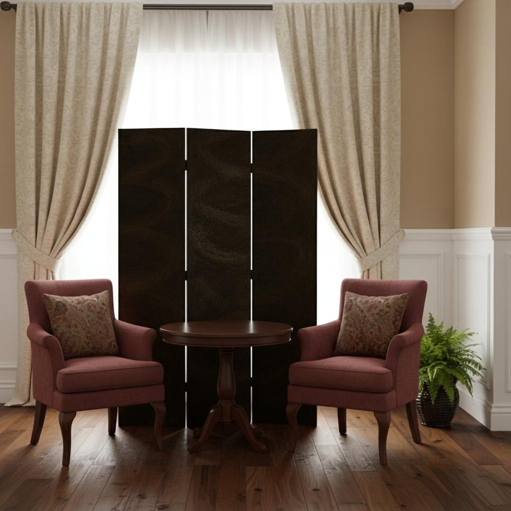 72" Black Canvas Folding Three Panel Screen Room Divider