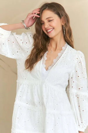 Lace Detail Tiered Eyelet V-Neck Babydoll Dress For Women – Feminine Boho Chic Dress, Fluttering, Elegant Lace & Eyelet