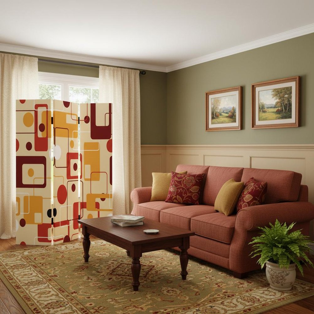 72" Orange And Yellow Canvas Folding Three Panel Screen Room Divider