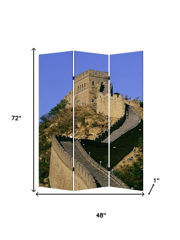 72" Blue Reversible China Cityscape Canvas Folding Three Panel Screen Room Divider