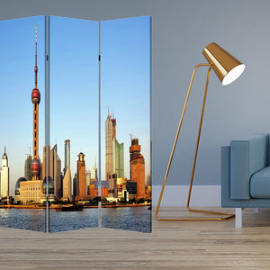 72" Blue Reversible China Cityscape Canvas Folding Three Panel Screen Room Divider