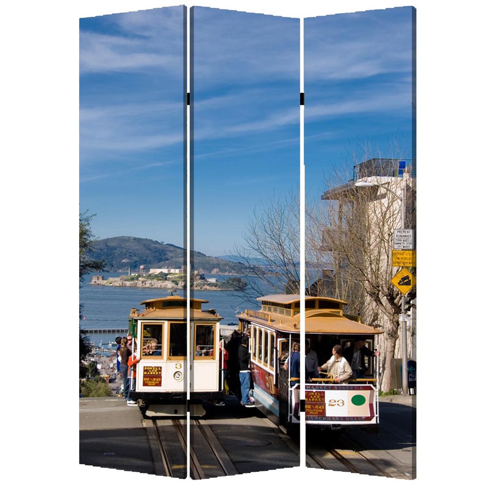 72" Blue And White Canvas Folding Three Panel Screen Room Divider