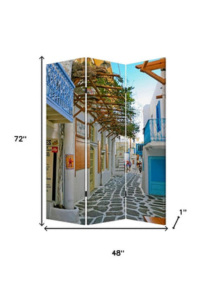 72" Blue And White Canvas Folding Three Panel Screen Room Divider