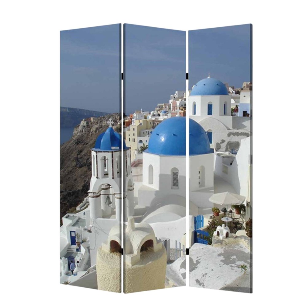 72" Blue And White Canvas Folding Three Panel Screen Room Divider