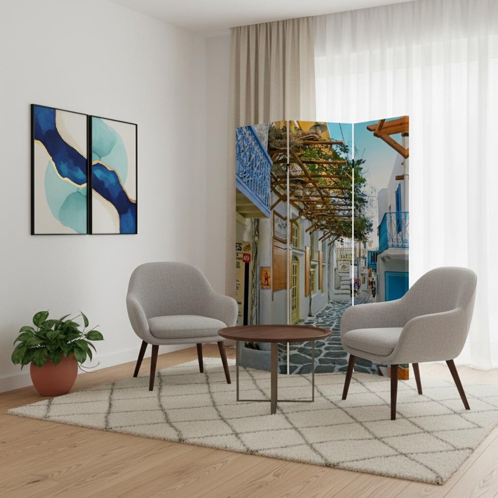 72" Blue And White Canvas Folding Three Panel Screen Room Divider