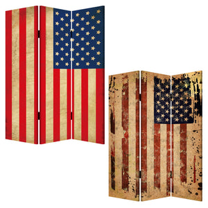 72" Blue And White Canvas Folding Three Panel Screen Room Divider