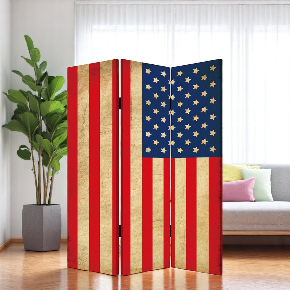 72" Blue And White Canvas Folding Three Panel Screen Room Divider