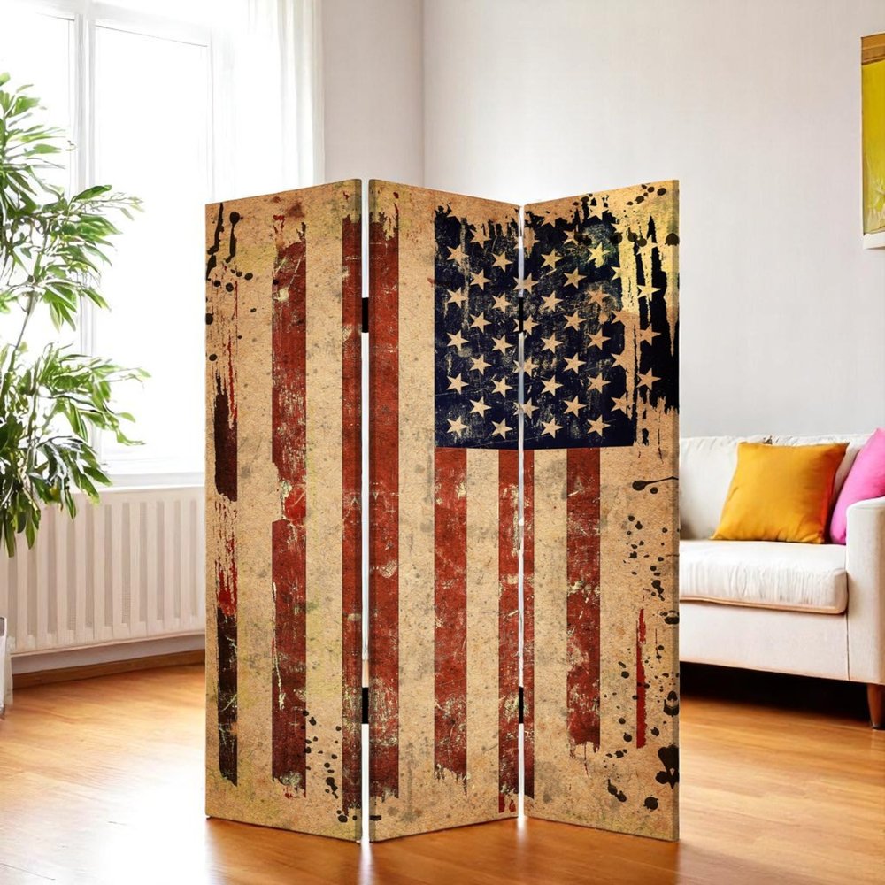 72" Blue And White Canvas Folding Three Panel Screen Room Divider