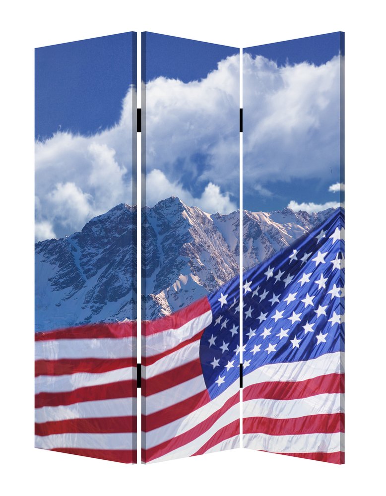 72" Red White And Blue American Flag Reversible Canvas Folding Three Panel Room Divider